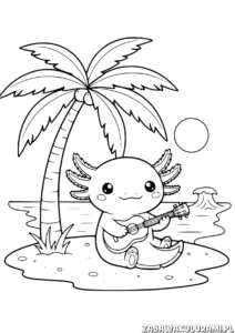 Kolorowanka Aksolotl Na Plaży - akwaryczny przyjaciel grający na gitarze na plaży