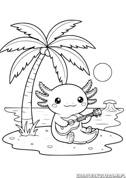 Kolorowanka Aksolotl Na Plaży - akwaryczny przyjaciel grający na gitarze na plaży