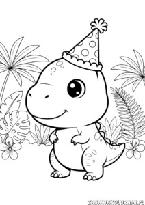Kolorowanka Dinozaur - dinozaur w kapeluszu urodzinowym wśród tropikalnych roślin