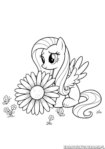 Kolorowanka My Little Pony z kwiatami i motylami - pony z kwiatem i motylkami