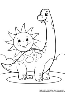 Kolorowanka Dinosaury przedstawia dinozaura i słońce w przyjaznej, rysunkowej formie.