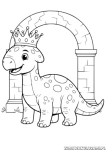 Kolorowanka Dinoszaury Do Druku przedstawiająca dinozaura z koroną w przedzie archu