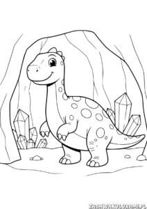 Kolorowanki Dinozury PDF - przyjacielski dinozaur w jaskini z kryształami