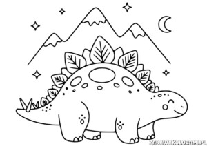Kolorowanka dla dzieci dinozaury przedstawiająca przyjaciela dinozaura Stegosaurusa z liśćmi na grzbiecie i gwiazdkami na tle.