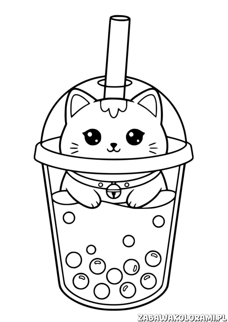 Kotek Bubble Tea Kolorowanka Kawaii przedstawia urocze kotki w kubku z herbatą bąbelkową, gotowe do pomalowania.