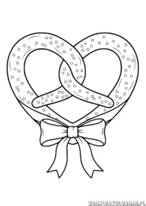 Precel kolorowanka przedstawia dwa splecione precle w kształcie serca z ozdobną kokardką na dole.