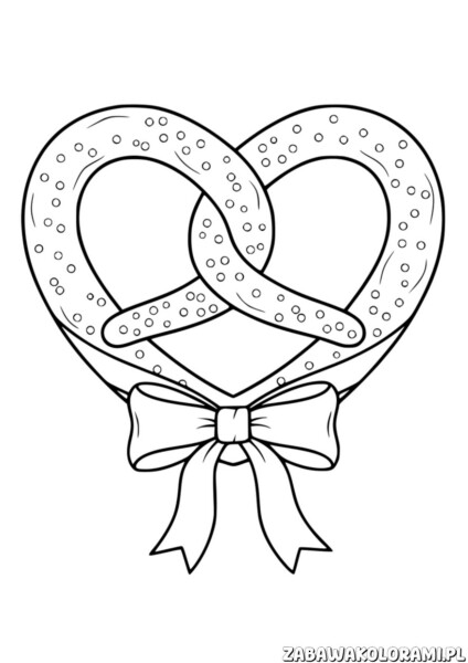 Precel kolorowanka przedstawia dwa splecione precle w kształcie serca z ozdobną kokardką na dole.