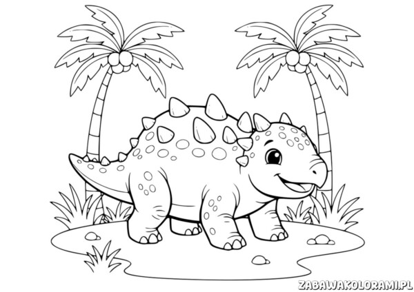 Proste kolorowanki dinozaury - kolorowanka ankylosaurus z uśmiechem i palmami na tle
