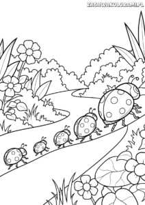 Rodzina biedronek kolorowanka: biedronki spacerują po ogrodzie pełnym kwiatów