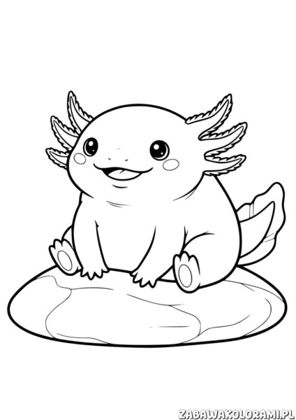 Salamandra meksykańska kolorowanka - axolotl z uśmiechem i rozłożonymi łapkami