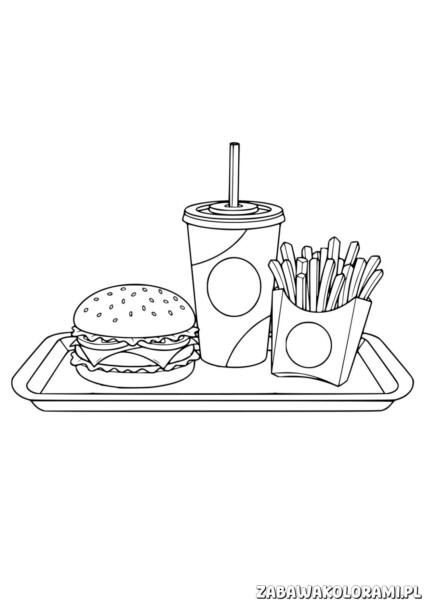 Zestaw fast food: hamburger, frytki, napój - kolorowanka dla dzieci