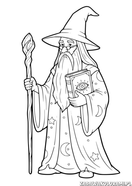 Albus Dumbledore kolorowanka. Postać w długiej szacie z symbolami, z różdżką i magiczną księgą z okiem na okładce