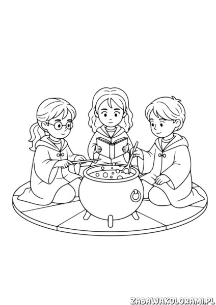 Antystresowe kolorowanki Harry Potter z dziećmi wrzącymi miksturę w kolorowance dla dzieci