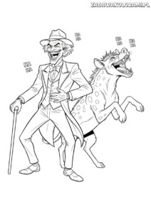 DC Joker Kolorowanka z Jokerem w stroju i śmiejącym się hyenowatym towarzyszem