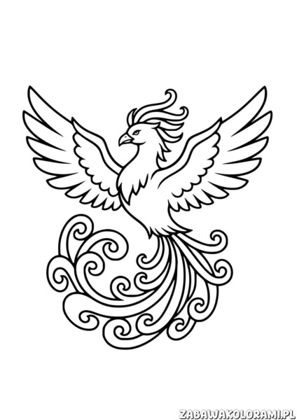 Feniks Fawkes kolorowanka z wielkimi skrzydłami i ozdobnymi piórami na ogonie