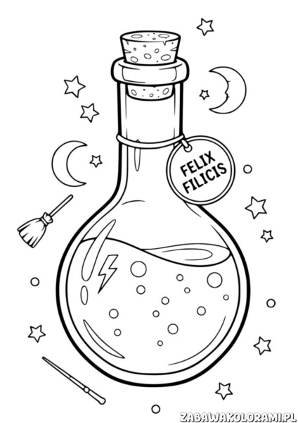 Fiolka Felix Filicis Kolorowanka Harry Potter z eliksirem, wędrującymi gwiazdami oraz czarodziejskimi atrybutami.