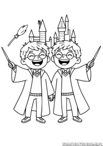 Fred i George Weasley kolorowanka z uśmiechniętymi bliźniakami w szkolnych robach i z różdżkami