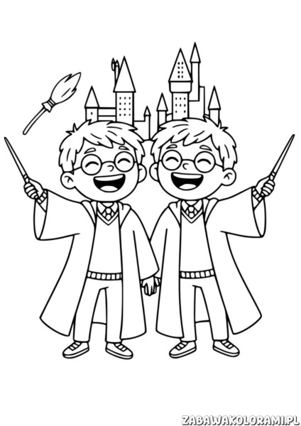 Fred i George Weasley kolorowanka z uśmiechniętymi bliźniakami w szkolnych robach i z różdżkami