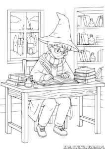 Harry Potter Kolorowanka dla dorosłych z młodym czarodziejem czytającym książkę przy magicznym biurku