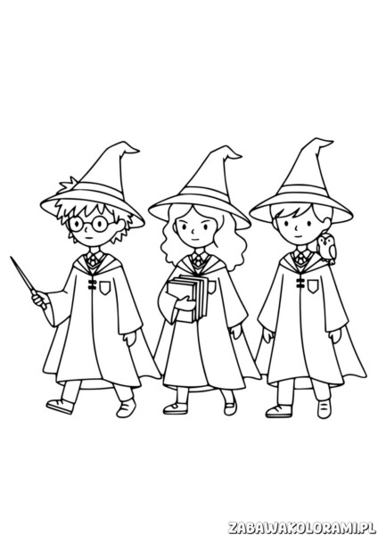Harry Potter Kolorowanka dla dzieci – rysunek z Harrym Potterem, Hermioną Granger i Ronem Weasley w strojach Hogwartu