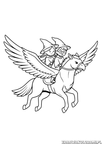 Harry Potter i Hipogryf Hardodziob Kolorowanka. Kolorowanka Pegaz z dwójką dzieci – skrzydlaty koń z dwójką dziećmi w czarno-białej kolorowance