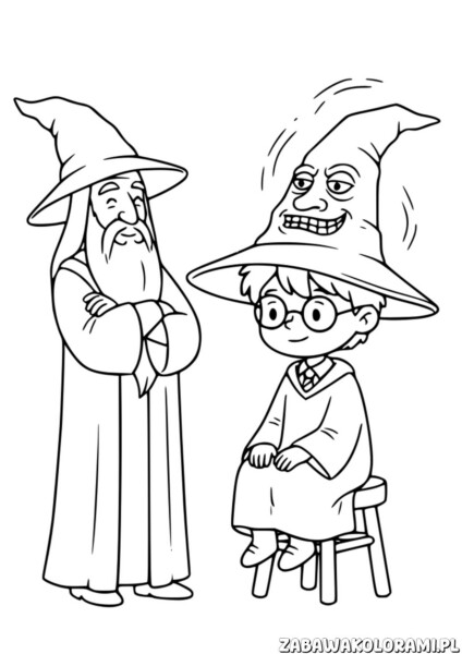 Harry Potter i Tiara Przydziału Kolorowanka z Albus Dumbledore i młodym Harry w stylu kreskówki