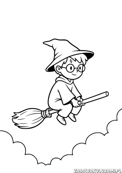 Harry Potter na miotle Kolorowanka przedstawia chłopca z patyczkiem i czarodziejskim kapeluszem