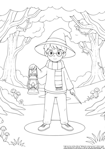 Harry Potter w lesie Kolorowanka z chłopcem w czarnoksiężnym kapeluszu i okularami, trzymającym latarnię w lesie.