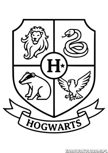Herb Hogwartu kolorowanka z czterema zwierzętami reprezentującymi domy Hogwartu i centralnym emblematem z literą H.