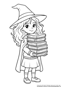 Hermiona Granger kolorowanka z dziewczynką w czarnym kapeluszu trzymającą stos książek