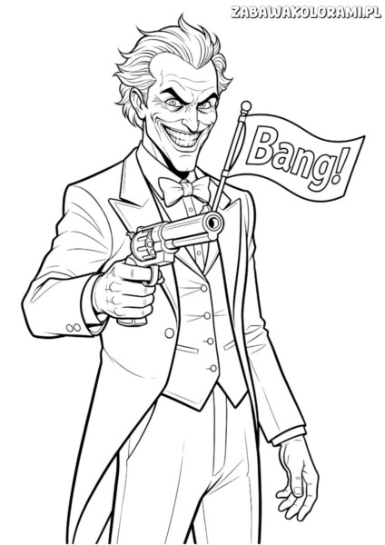 Joker Kolorowanka z postacią w garniturze z flagą z napisem "Bang!"