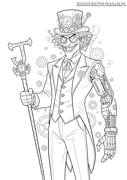 Joker Kolorowanka dla dorosłych z wieloma elementami steampunkowymi, np. mechaniczną ręką i zegarowymi detalami