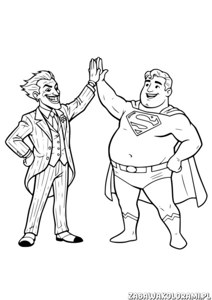 Joker-Superman kolorowanka z uśmiechniętymi postaciami dającymi pięść.