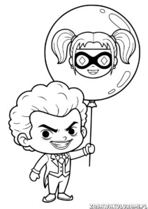 Joker i Harley Quinn kolorowanka Joker trzyma balon z Harley Quinn.