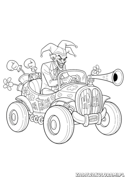 Joker w samochodzie kolorowanka – błazen z megafonem w stylizowanym pojeździe z napisem HAHA