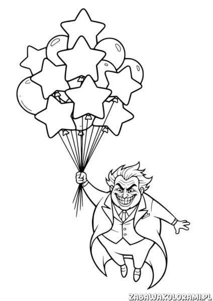 Joker z balonami Kolorowanka – postać z balonami w kształcie gwiazd