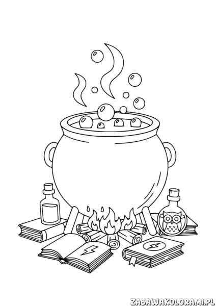 Kociołek eliksirów kolorowanka z magicznymi księgami, eliksirami i zawieszonymi symbolami magii.
