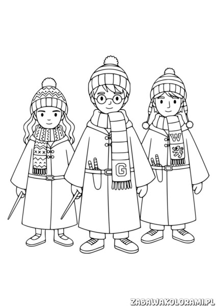 Kolorowanka Harry Potter z Hermioną, Harrym i Ronem w strojach zimowych, gotowa do kolorowania