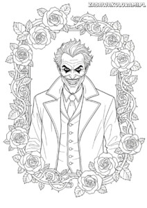 Kolorowanka Joker - znana postać z komiksów DC w ramce z kwiatami