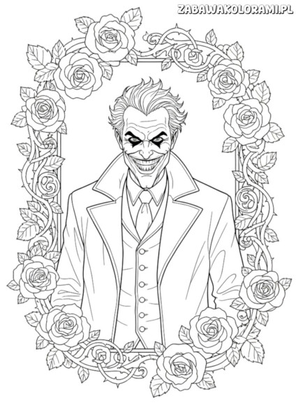 Kolorowanka Joker - znana postać z komiksów DC w ramce z kwiatami