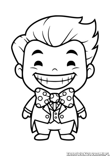Kolorowanka Joker dla dzieci z rysunkiem uśmiechniętego chłopca w krawacie i fryzurą