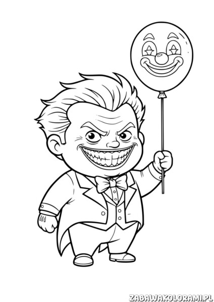 Kolorowanka Joker do druku przedstawia Jokera z balonikiem o uśmiechniętej twarzy