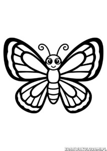 Kolorowanka Motyl z uśmiechniętą twarzą, łukowatymi skrzydłami i paskowanym ciałem do wykolorowania