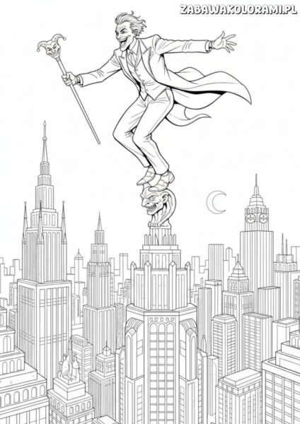 Kolorowanka joker na dachu budynku przedstawia bajkową postać w stroju z kapturkiem i kapeluszem z dzwonkami stojącą na gargoylu.