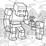 Kolorowanka minecraft z klockową postacią Creepers i graczem na tle klockowego krajobrazu