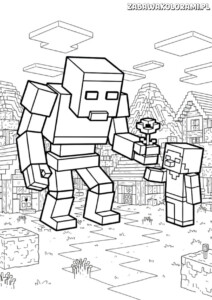 Kolorowanka minecraft z klockową postacią Creepers i graczem na tle klockowego krajobrazu