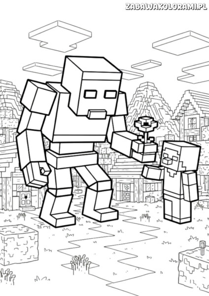 Kolorowanka minecraft z klockową postacią Creepers i graczem na tle klockowego krajobrazu