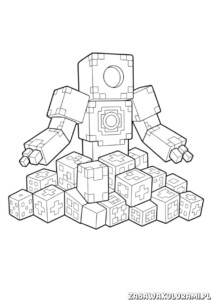 Kolorowanka minecraft do druku z creeperem otoczonym różnymi blokami z Minecraft