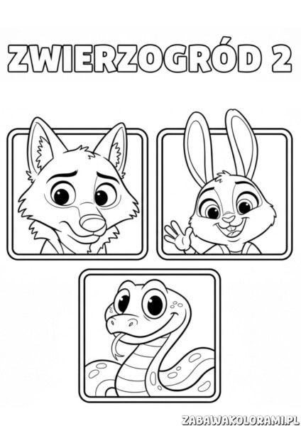 Kolorowanki zwierzogród 2 z Judy Hopps, Nickiem Wilde i Razoulem, trzema postaciami z filmu animowanego.