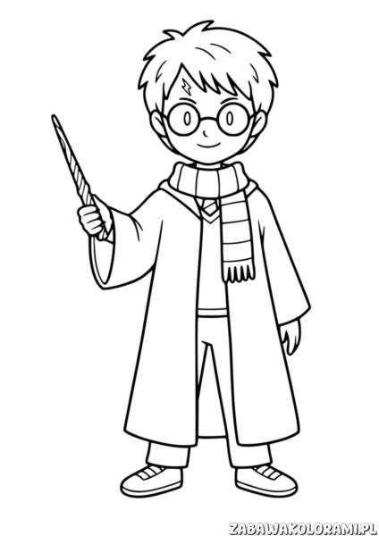 Kolorowanki Harry Potter przedstawiają Harry’ego z różdżką w dłoni